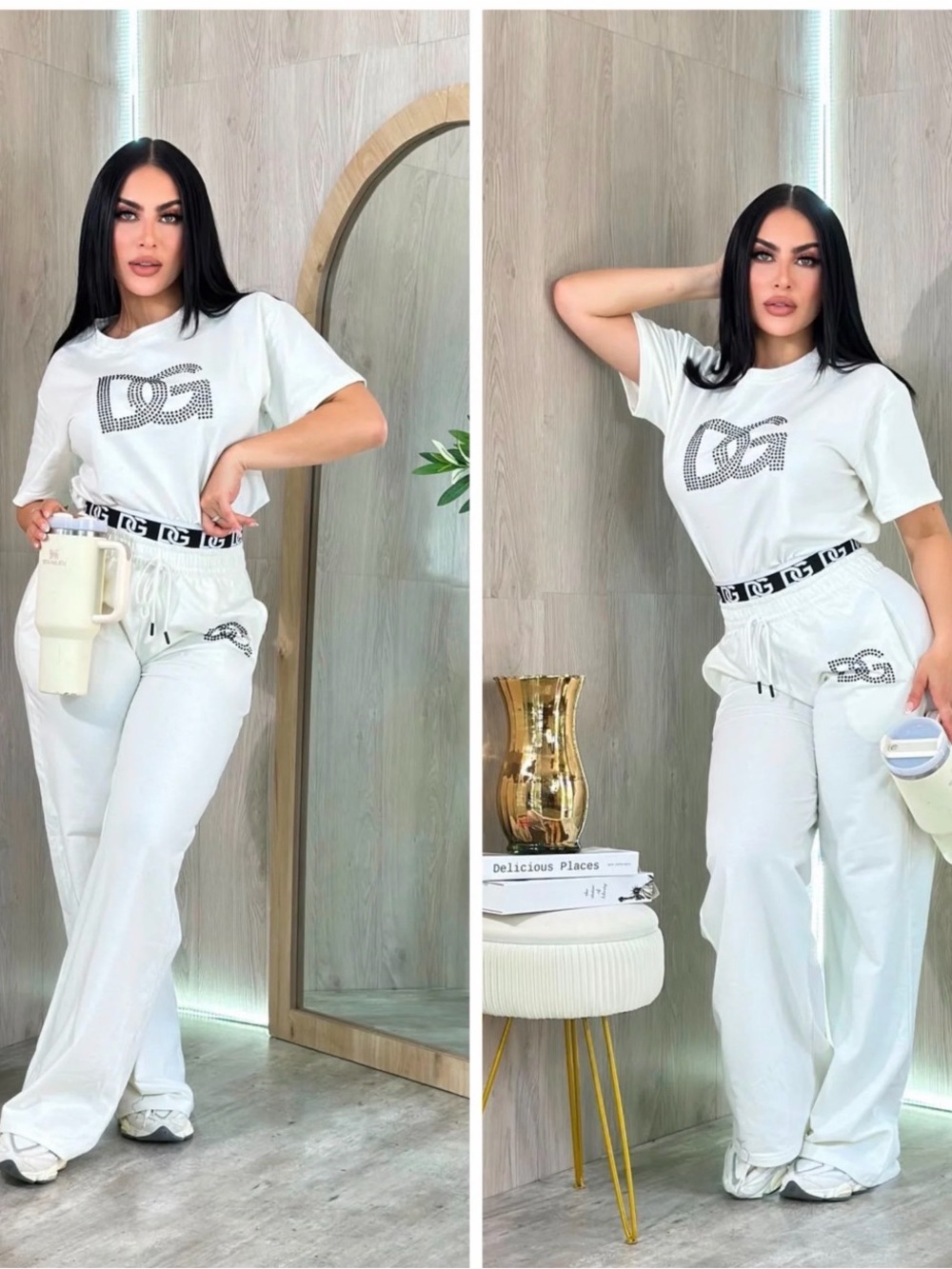 White High Waisted Lounge Sweatpants Pants & Tee Set size S/M